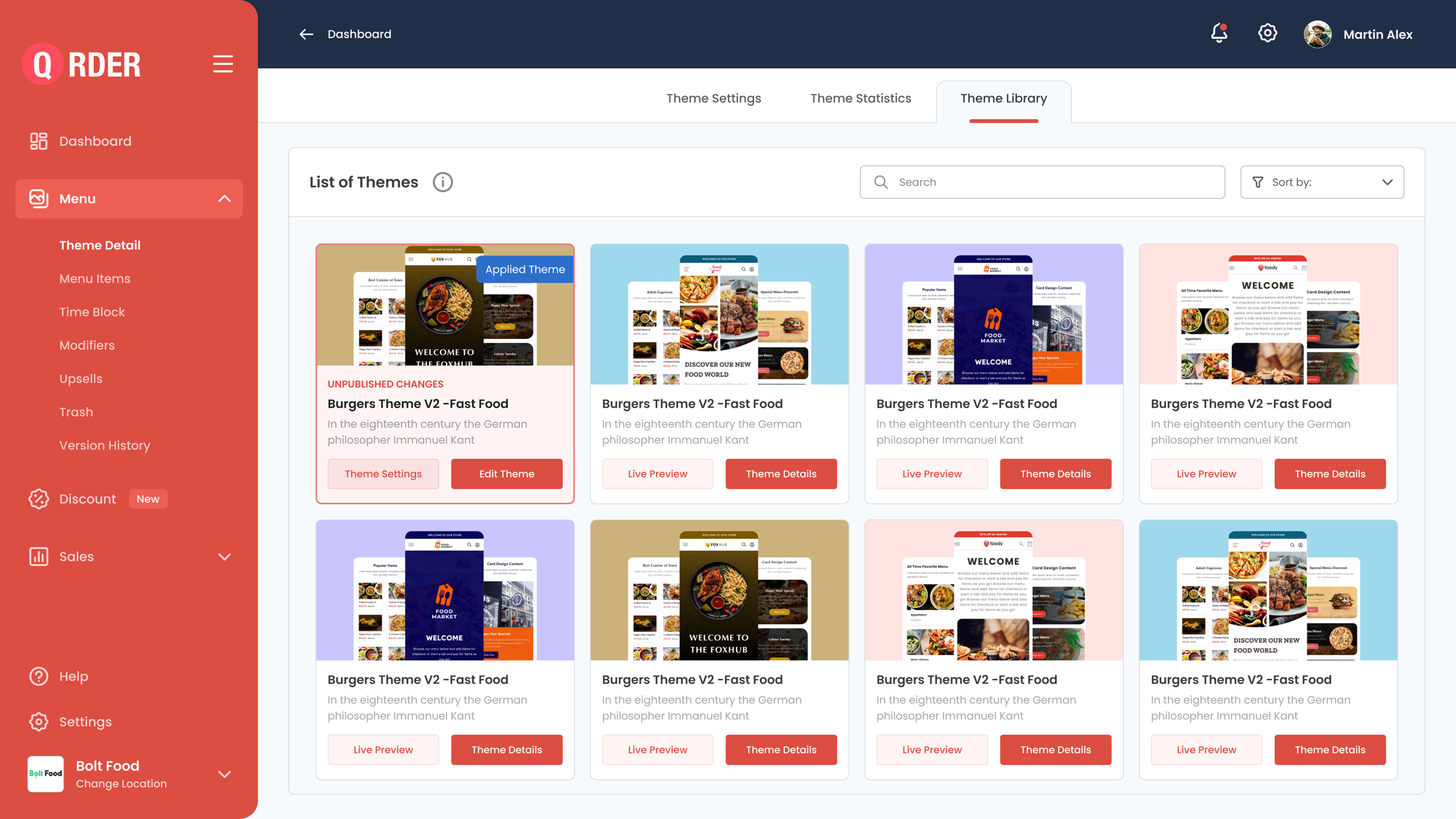 QRDER theme library with Applied Theme and Unpublished Changes labels
